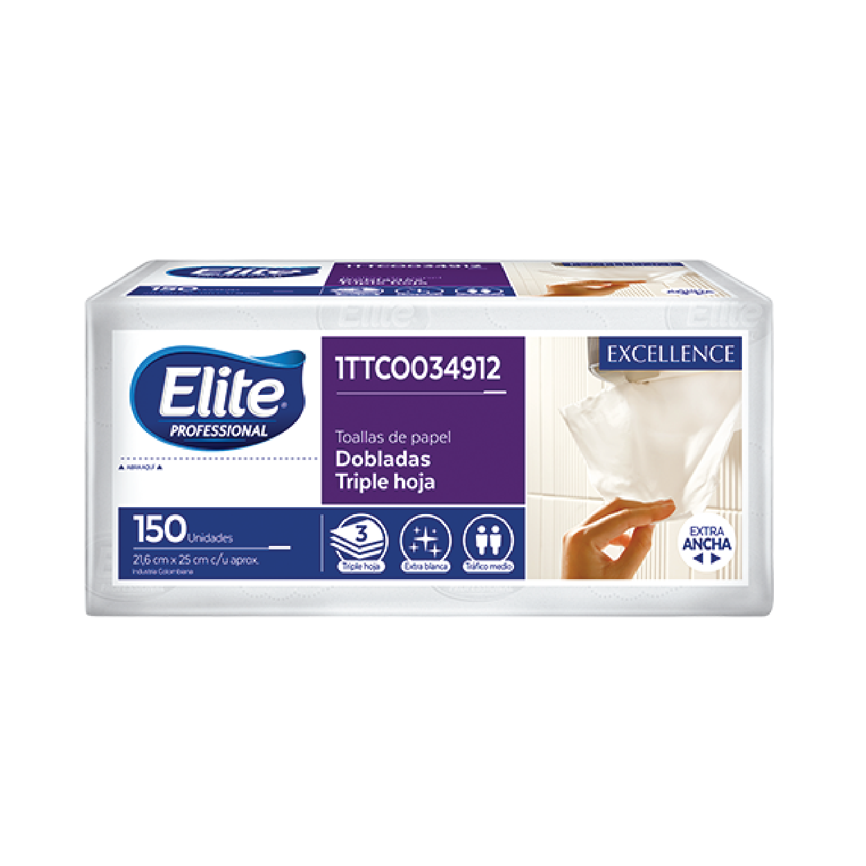 Toalla de Manos Elite Triple Hoja Interfold Ancha 150 Unidades