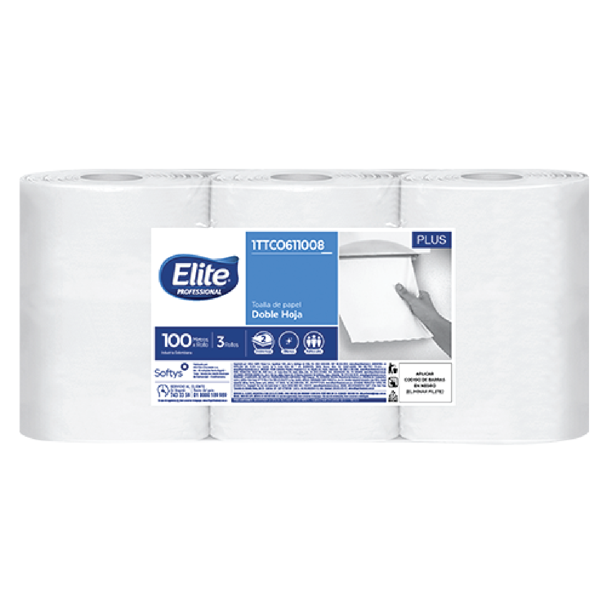 Toalla de Manos Elite Doble Hoja 100Mts X 3 Rollos